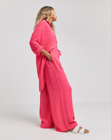 Simply Be Pink Tie Waist Crinkle Wide Leg Trousers