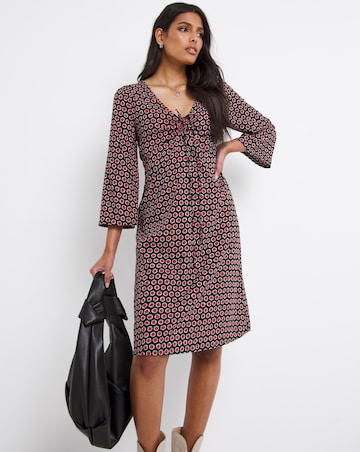 Geo Print Ruched Tie Neck A-Line Dress