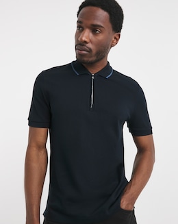 BOSS Short Sleeve Zip Neck Jersey Polo - Dark Blue