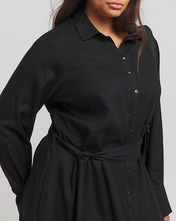 Black Tie Waist Long Sleeve Midi Shirt Dress