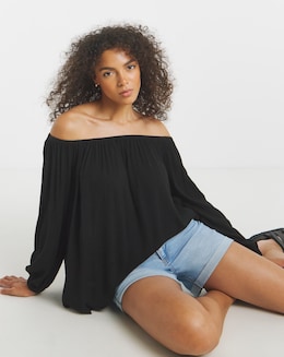 Simply Be Black Crinkle Long Sleeve Bardot Top
