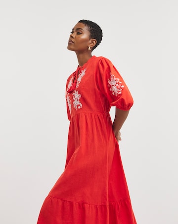 Linen Mix Embroidered Midi Dress With Tassel Neck Tie