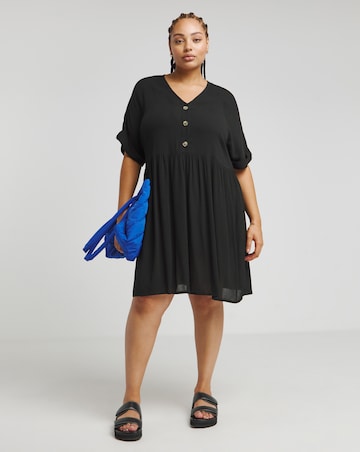 Black Crinkle Button Through Pocket Smock Dress