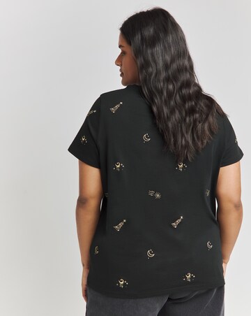 Black Embroidered Star and Moon T-Shirt
