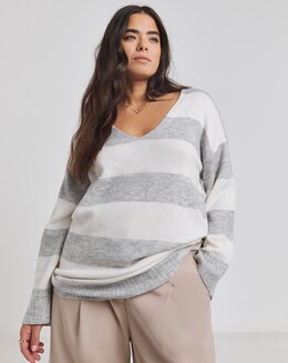 Grey &amp; Ivory Stripe Slouchy V Neck Longline Jumper