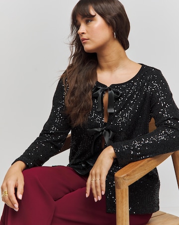 Black Linear Sequin Tie Front Cardi