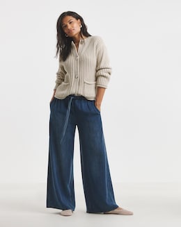 Indigo Denim Lyocell Tie Front Palazzo Jeans