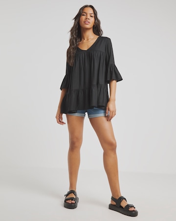Simply Be Black Viscose V Neck Tiered Smock Blouse
