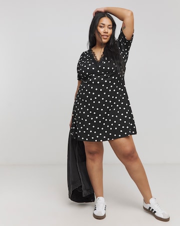 Spot Print Waffle Lace Trim Skater Dress