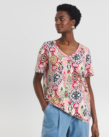 Pure Cotton Pink Print V-Neck Bubble Hem Top