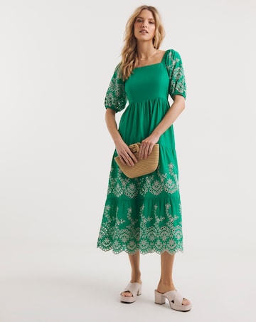Broderie Tiered Dress With Puff Sleeves