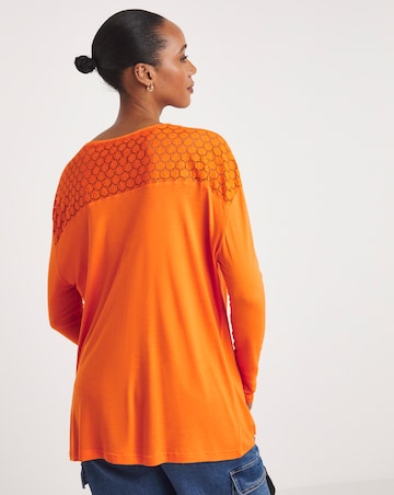 Orange V Neck Lace Back Long Sleeve Top