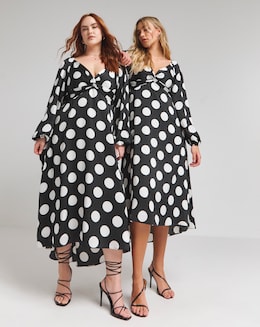 Flounce London Long Sleeve Black White Spot Midaxi Dress