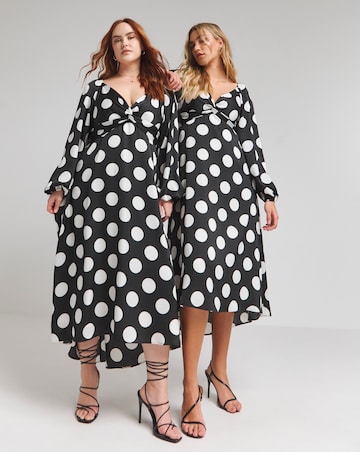 Flounce London Long Sleeve Black White Spot Midaxi Dress