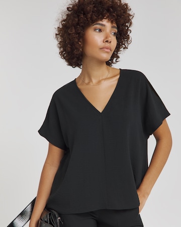 Black V Neck Textured Boxy Blouse