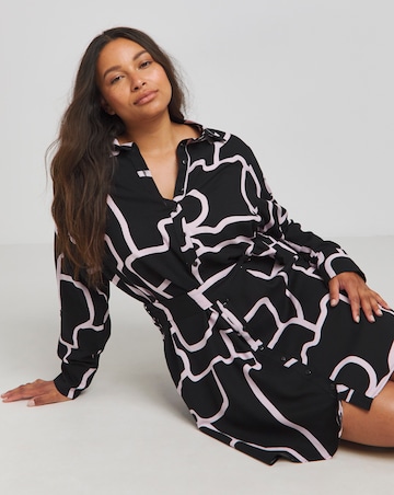 Black Print Long Sleeve Shirt Dress