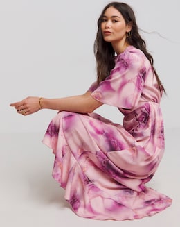 Flounce London Pink Crepe Marble Print Wrap Maxi Dress