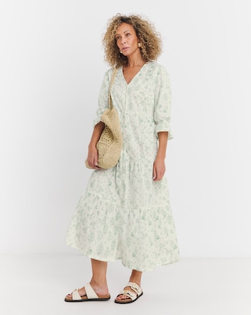 Cotton Dobby Button Through Dress With Puff Sleeve