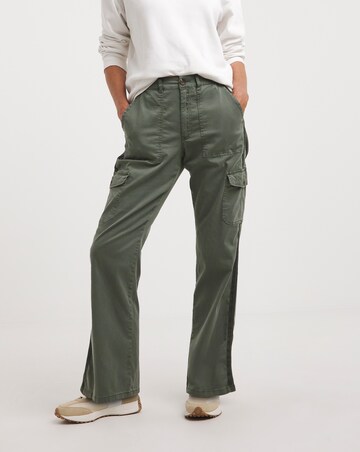 Khaki Stretch Washed Cargo Detail Straight Leg Trousers