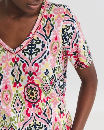Pure Cotton Pink Print V-Neck Bubble Hem Top