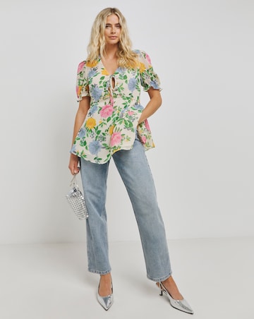 Ivory Floral Blouse with Tie Front Detail