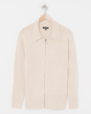 Oatmeal Collar Zip Through Cardigan