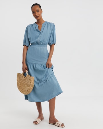 Blue Shirred Bodice Tiered Midi Dress