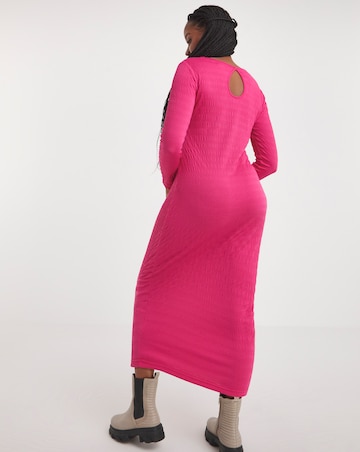 Pink Long Sleeve Textured Jersey Midi Dress