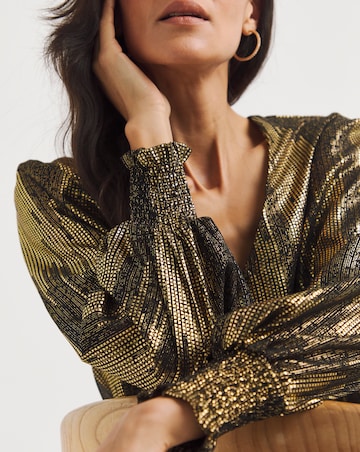 Metallic Button Through Dip Back Blouse
