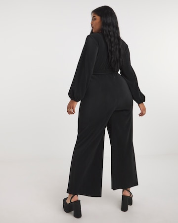 Black Wide Leg Belted Plisse Jumpsuit