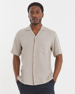 BOSS Short Sleeve Textured Cuban Collar Shirt - Beige