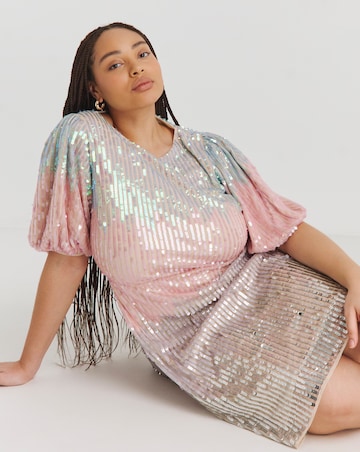 Maya Curve Mermaid Sequin Stripe Puff Sleeve Mini Dress
