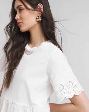 Simply Be White Broderie Detail Jersey Mix Smock Blouse