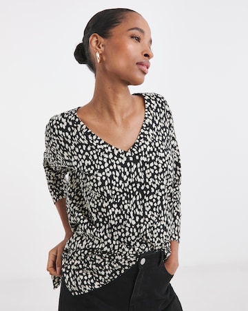 Pure Cotton Striped Animal Print Slouch 3/4 Sleeve Longline Top