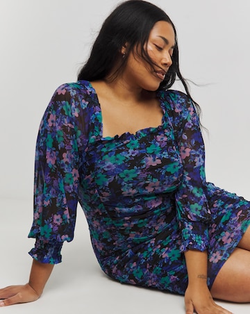 Floral Printed Mesh Ruched Bodycon Dress