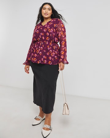 Pussybow V Neck Blouse With Elasticated Waist and Drawcord Tie