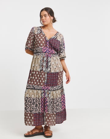 Simply Be Mixed Print Crinkle Tiered Maxi Dress With Ladder Trim