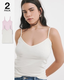 Simply Be Pink &amp; Ivory 2 Pack V Neck Pure Cotton Longline Camis