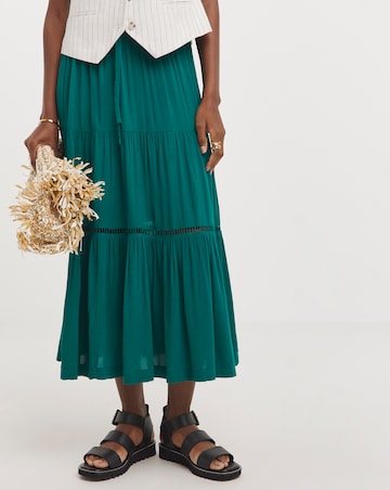 Green Crinkle Tiered Midi Skirt