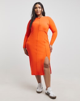 Orange Contrast Stitch Midi Column Dress