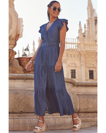 Sosandar Ruffle Sleeve Tiered Hem Midi Dress
