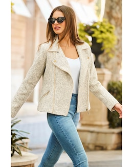 Sosandar Natural Boucle Biker Jacket with Gold Zip Detail