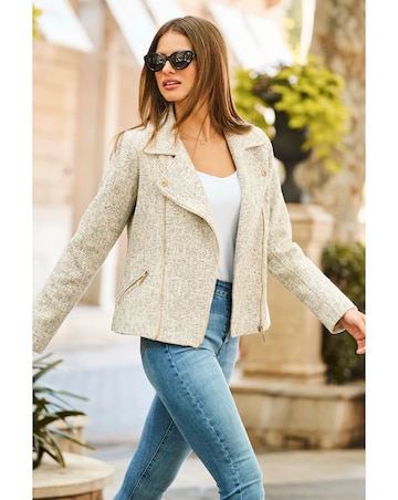 Sosandar Natural Boucle Biker Jacket with Gold Zip Detail
