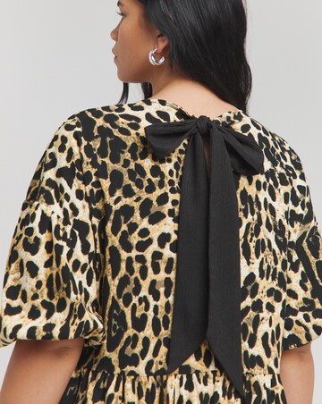 Leopard Print Bow Detail Waffle Smock Dress