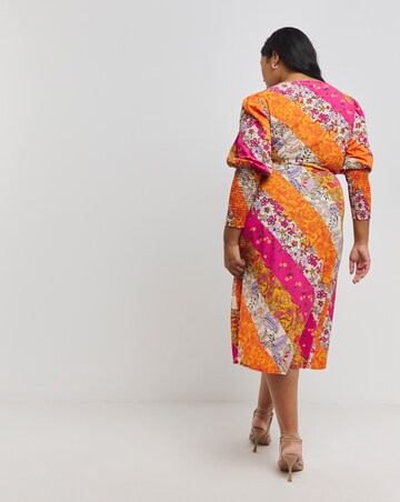Multi Print Wrap Midi Dress With Shirred Sleeve