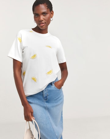 White Crew Neck Lemon Embroidered T-Shirt