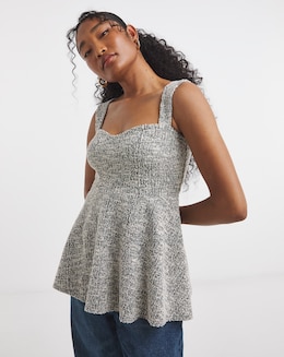 Simply Be Black &amp; White Boucle Sweetheart Neck Peplum Top