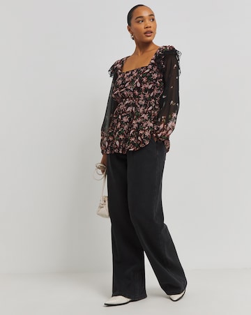 Black Floral Square Neck Smock Blouse with Lace Trim & Frill Details