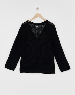 Black V Neck Mixed Knit Volume Sleeve Jumper