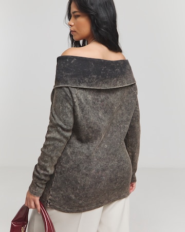 Black Acid Wash Ribbed Bardot Top